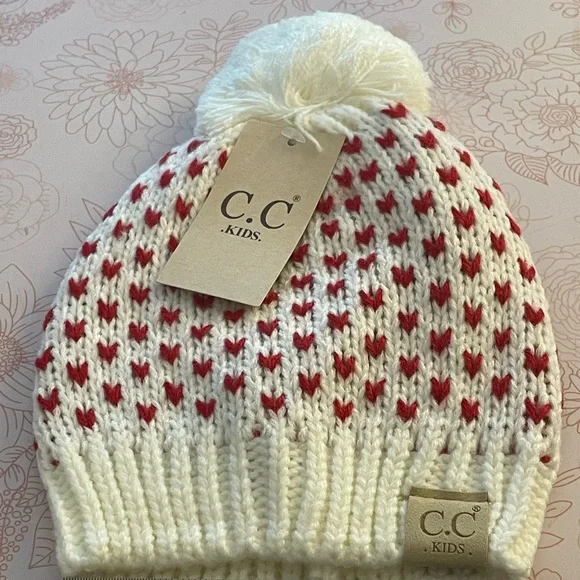 Kids Heart Knit Beanie with Pom - Picture 2 of 4